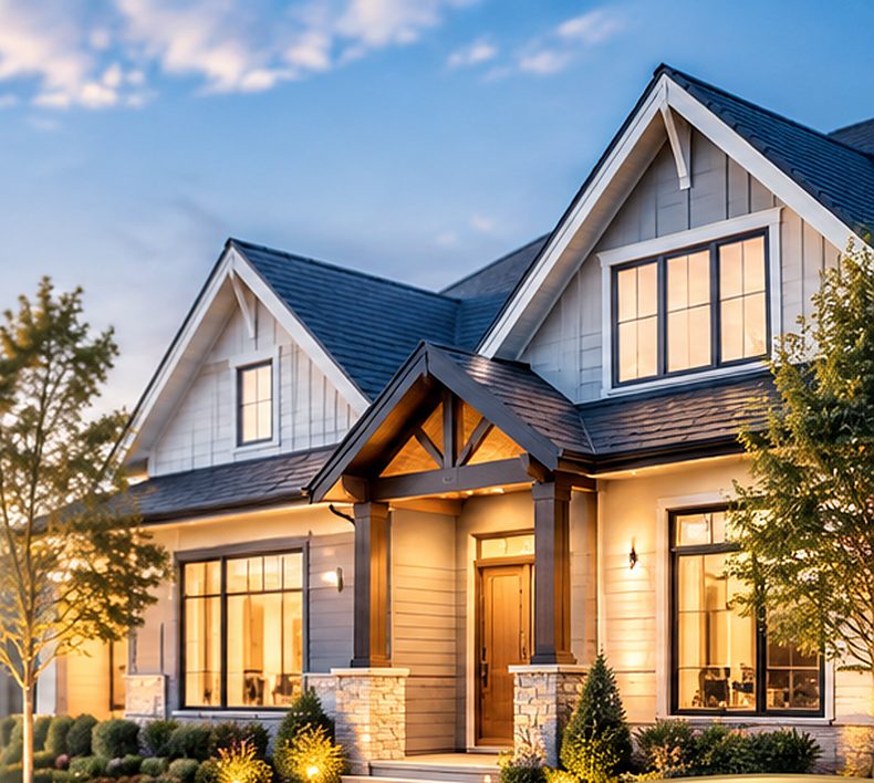 Craftsman-style home with a landscaped front yard lit by the morning sun