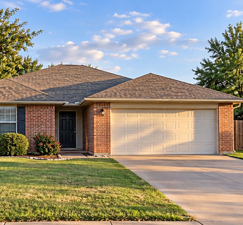 Single-story brick rental home with a two-car garage and a green front lawn
